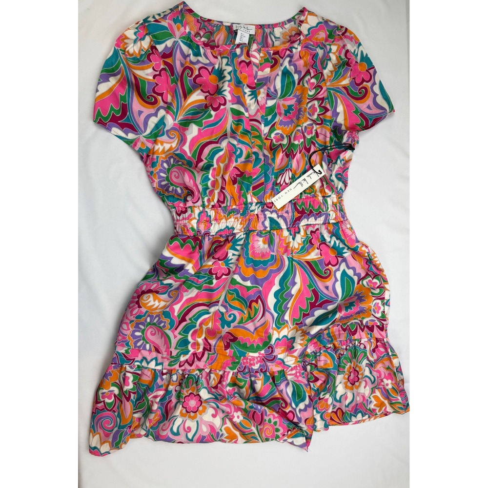 Nicole Miller New York Floral Paisley Smocked Mini Dress Pink Orange Large NWT